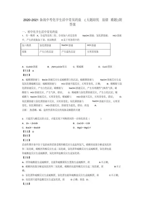2020-2021备战中考化学生活中常见的盐(大题培优易错难题)附答案