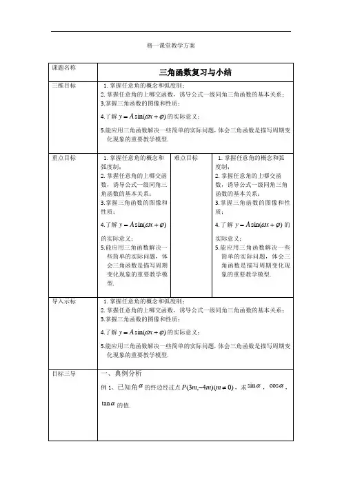 高中数学必修四教案：第一章+三角函数复习与小结