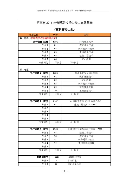 河南省2011年普通高校招生考生志愿草表_本科三批和高职高专