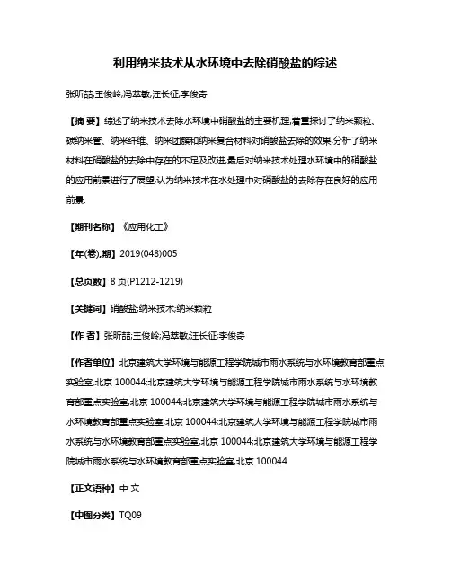利用纳米技术从水环境中去除硝酸盐的综述