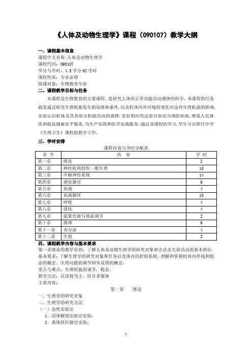 人体及动物生理学(090107)