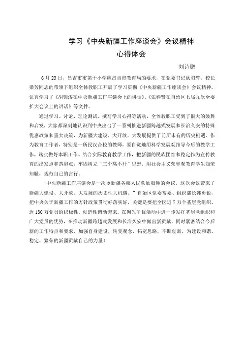 学习《中央新疆工作座谈会》会议精神心得体会