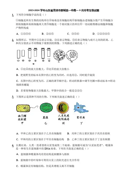 2023-2024学年山东省菏泽市鄄城县一中高一9月月考生物试题