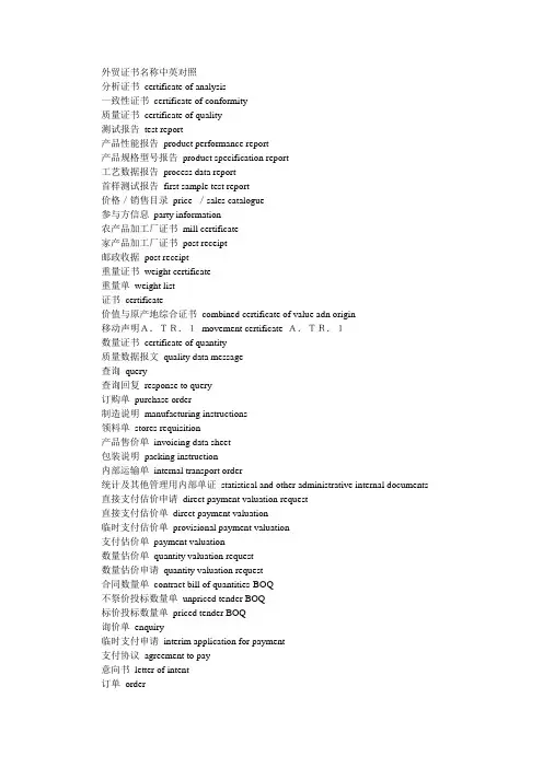 外贸证书名称中英对照