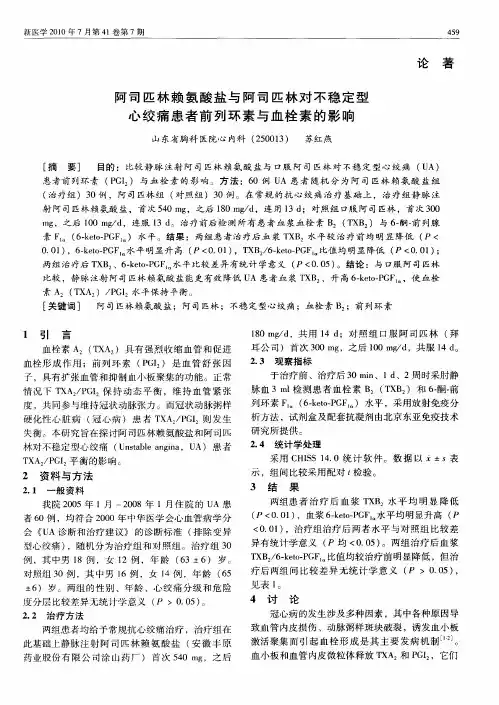 阿司匹林赖氨酸盐与阿司匹林对不稳定型心绞痛患者前列环素与血栓素的影响