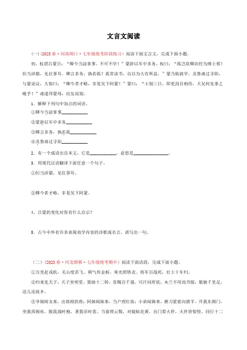 专题10：文言文阅读(专题过关)-七年级语文下学期(部编版)(原卷版+解析)