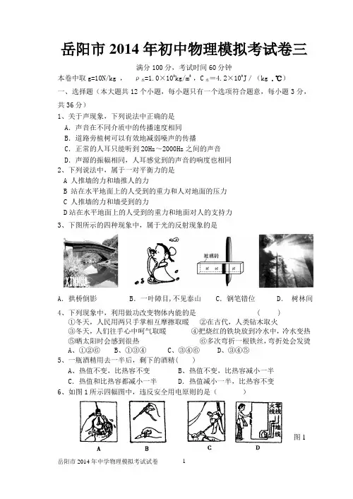 岳阳市2014年初中物理模拟考试卷三