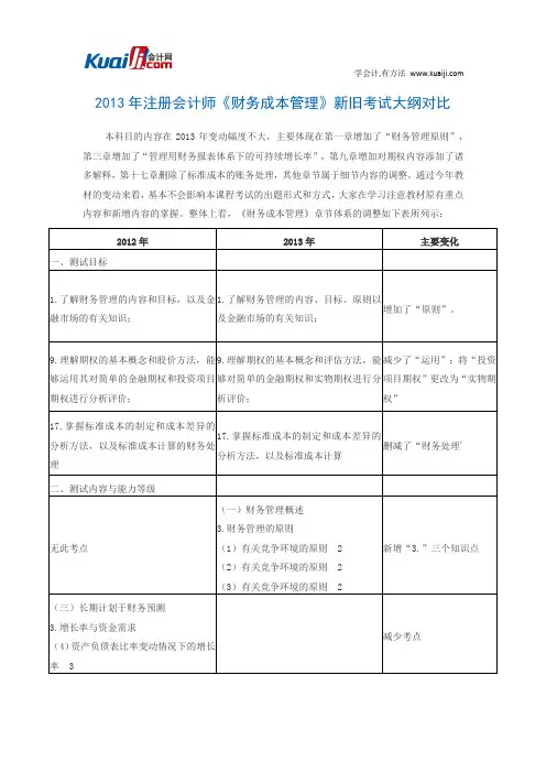 2013年注册会计师《财务成本管理》新旧考试大纲对比