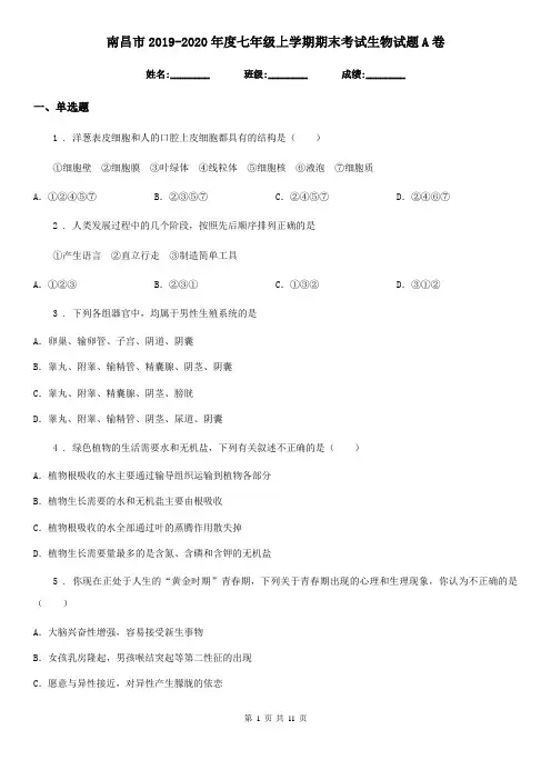南昌市2019-2020年度七年级上学期期末考试生物试题A卷