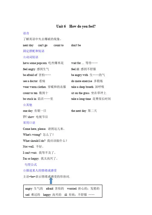 人教版六年级英语上册Unit 6 How do you feel单元小结