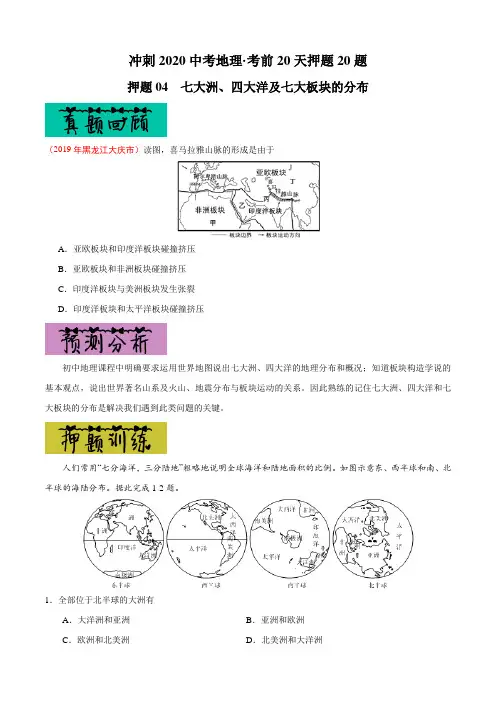 中考地理专题复习训练题及答案解析(珍藏版)：04 七大洲、四大洋及七大板块的分布