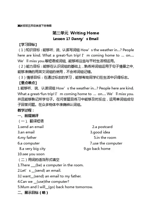 冀教版五年级下册英语Lesson 17 Danny’s Email导案模板导学案