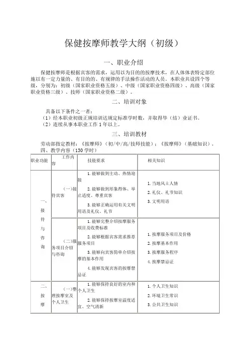 保健按摩师初级教学大纲