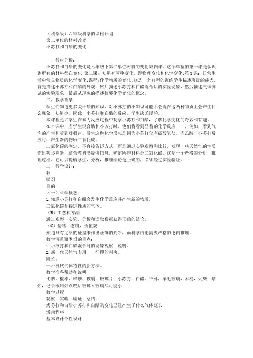(教科版)六年级科学下册第二单元教案小苏打和白醋的变化