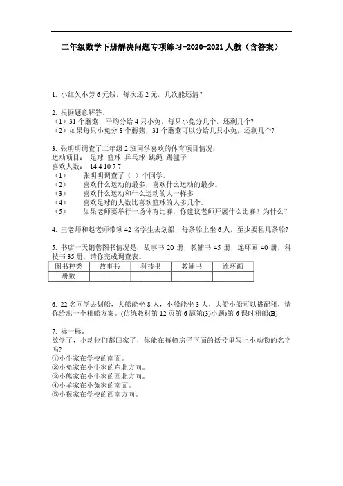 【必刷题】二年级数学下册解决问题专项练习-2020-2021人教(含答案)