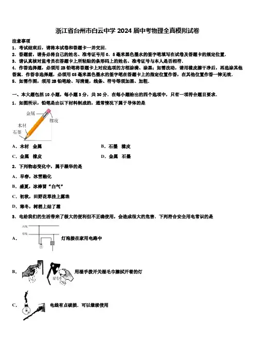 浙江省台州市白云中学2024届中考物理全真模拟试卷含解析