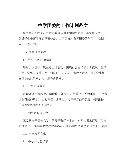 中学团委的工作计划范文