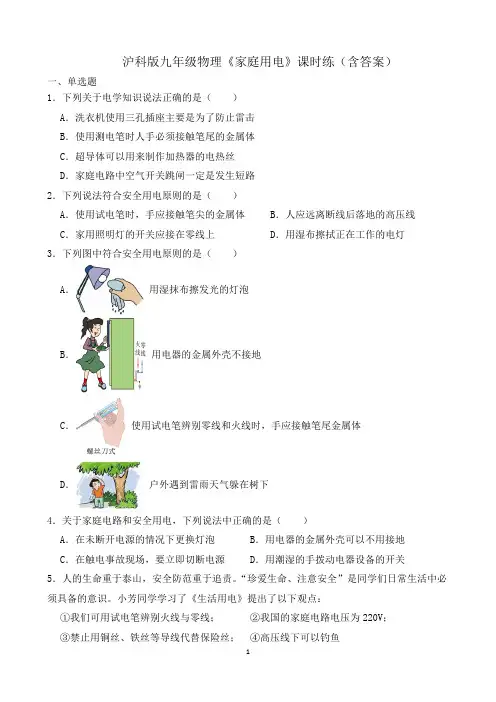 沪科版九年级物理《家庭用电》课时练(含答案)
