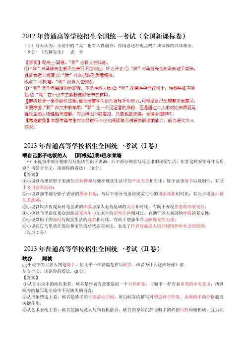 2014高考真题-文学类文本阅读-小说-观点题专题