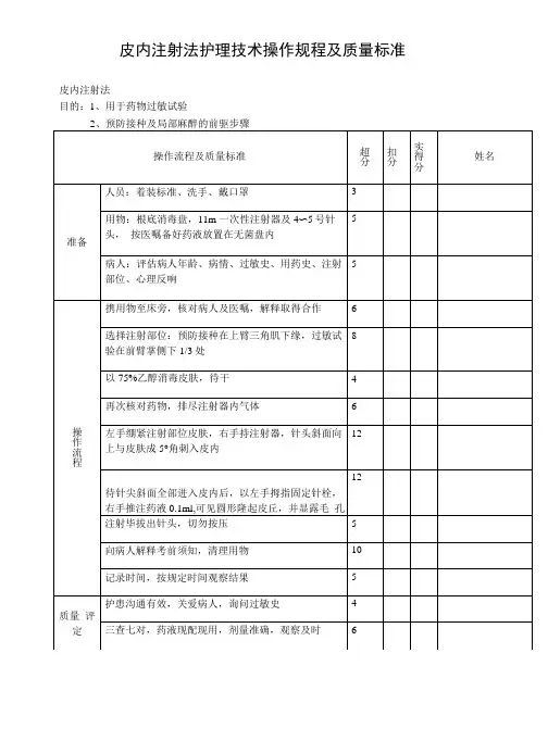 皮内注射法护理技术操作规程及质量标准
