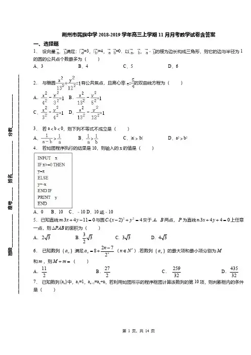 荆州市民族中学2018-2019学年高三上学期11月月考数学试卷含答案