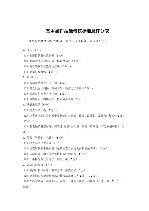 基本操作技能考核标准及评分表