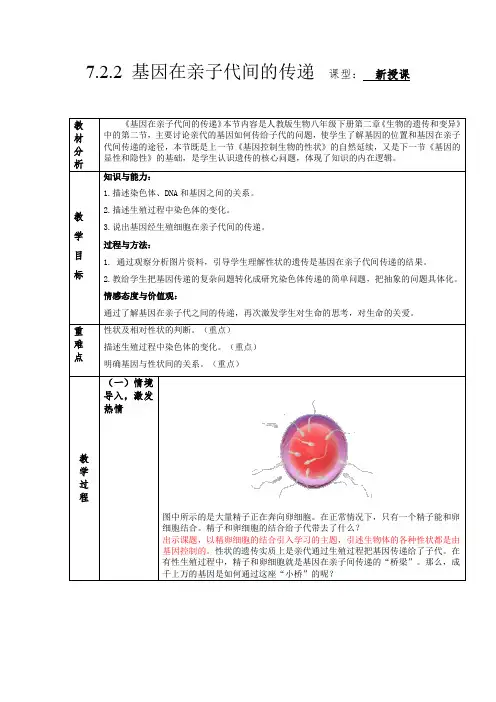 7.2.2 基因在亲子代间的传递(教学设计)-2022-2023学年八年级下册生物(人教版)