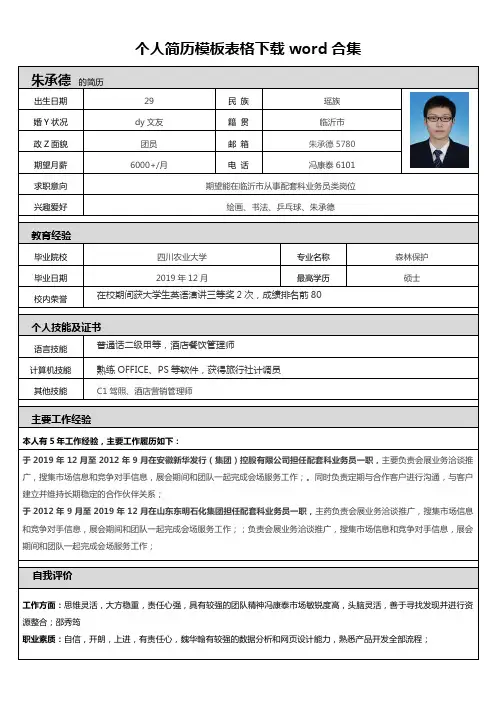 个人简历模板表格下载word合集