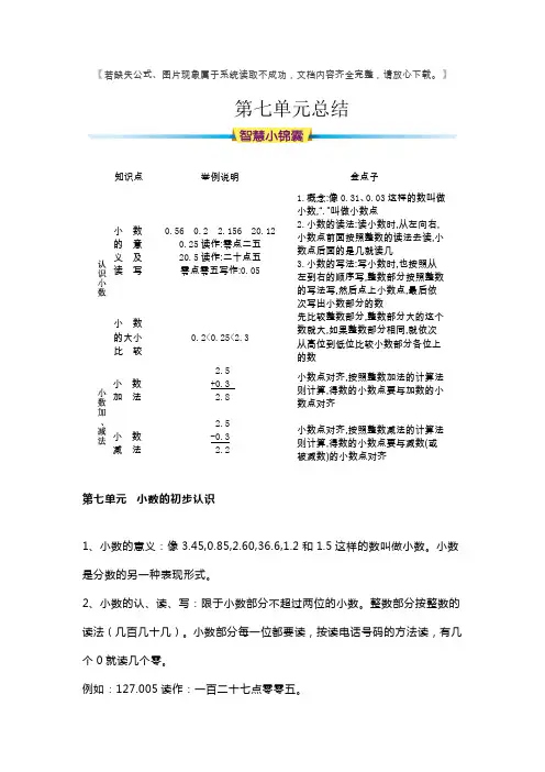 人教版三年级数学下册第七单元小数的初步认识知识总结.docx