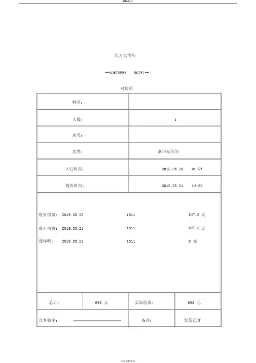 实用酒店水单模板
