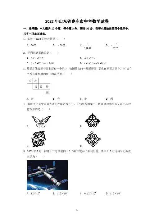 2022年山东省枣庄市中考数学试题及答案解析