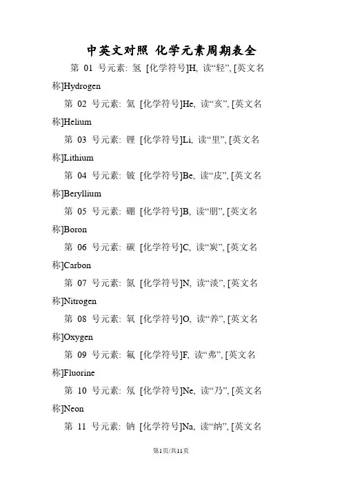 中英文对照 化学元素周期表全