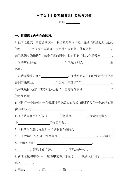 统编部编版小学语文六年级上册语文试题-期末积累运用专项复习题(含答案)(五)