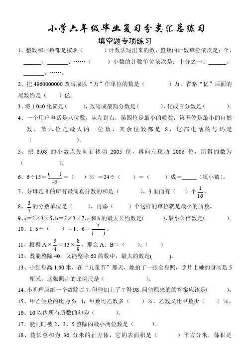 六年级数学毕业复习专项练习(按题型分类) 
