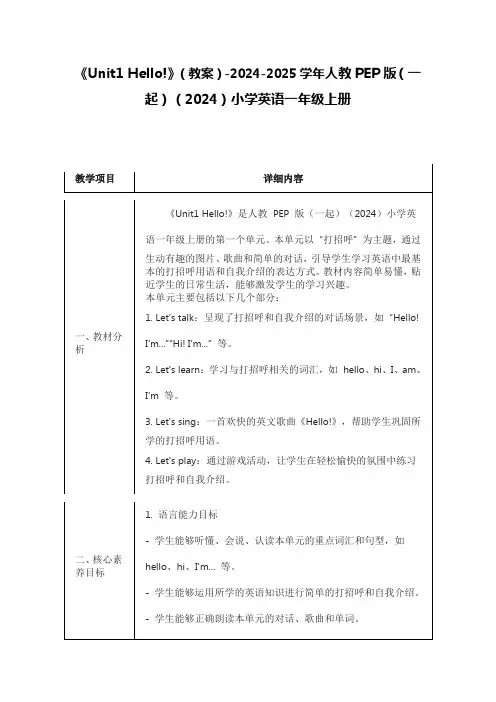 《Unit1 Hello!》(教案)人教PEP版(一起)(2024)小学英语一年级上册