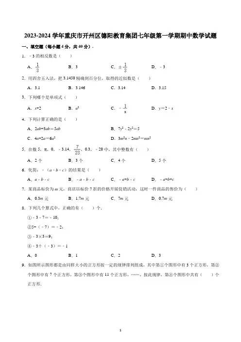 重庆市开州区德阳教育集团2023-2024学年七年级上学期期中数学试题