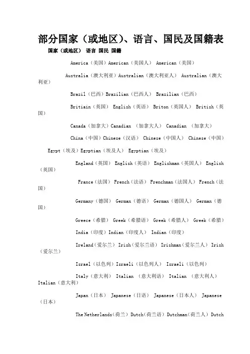 部分国家(或地区)、语言、国民及国籍表