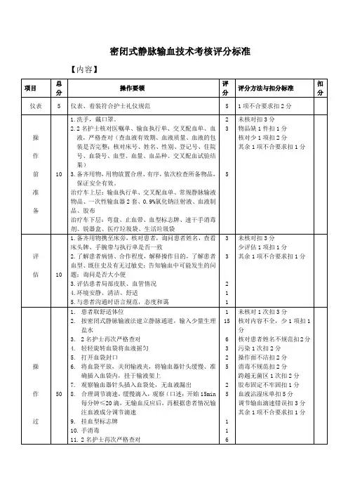 密闭式静脉输血技术考核评分标准