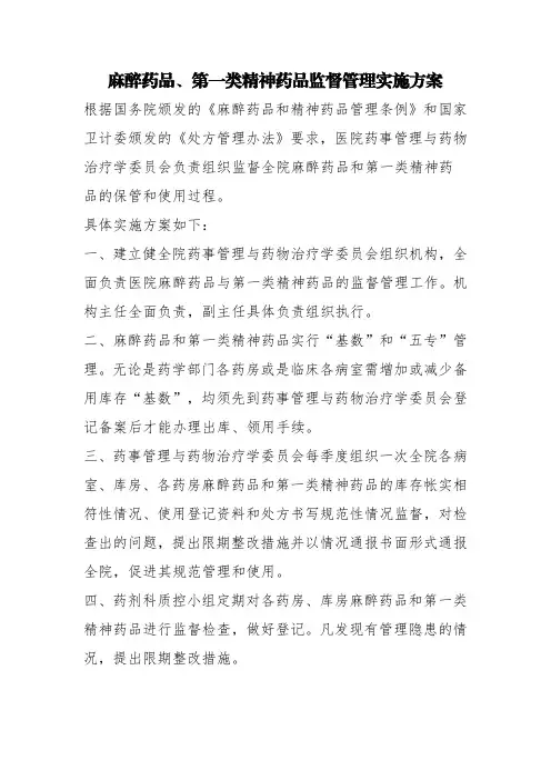 麻醉药品、第一类精神药品监督管理实施方案