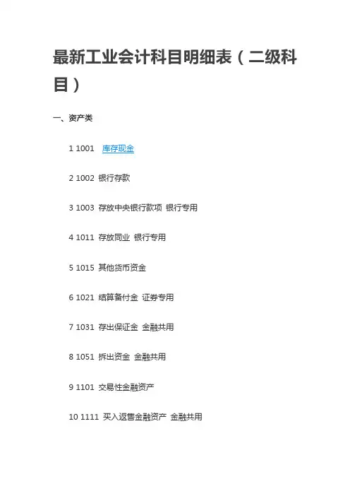 最新工业会计科目明细表(二级科目).