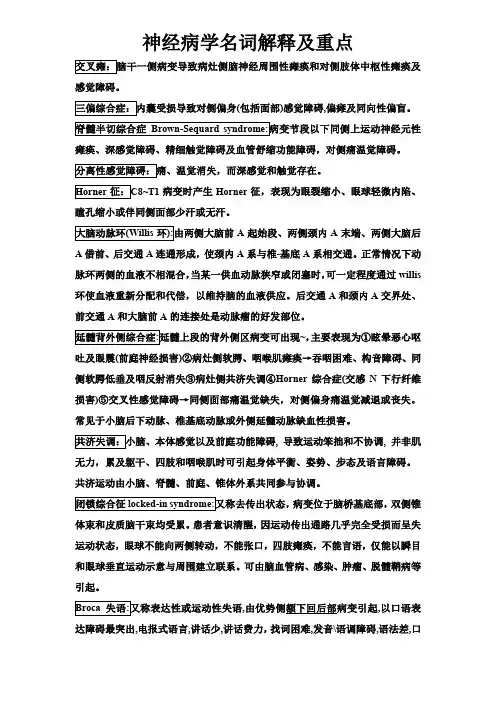 神经病学名词解释和重点