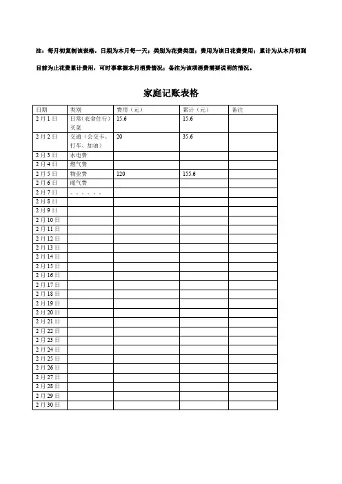 家庭记账表格