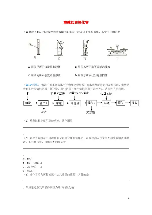 2019中考化学真题分类汇编 2考点14 酸碱盐和氧化物 10粗盐提纯 流程图