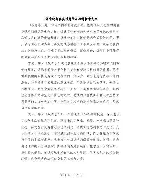 观看致青春观后总结与心得初中范文