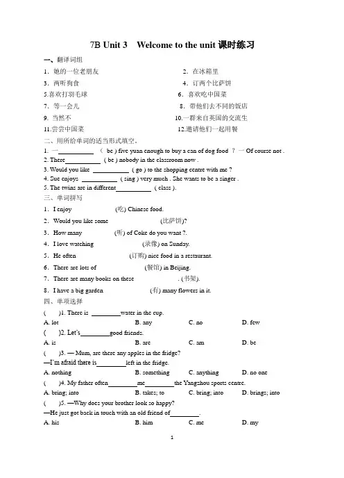 牛津译林版七年级英语下册7B Unit3 单元课时练习
