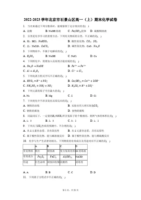2022-2023学年北京市石景山区高一(上)期末化学试卷(含答案解析)