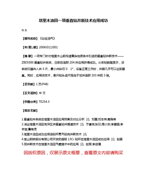 塔里木油田一项垂直钻井新技术应用成功
