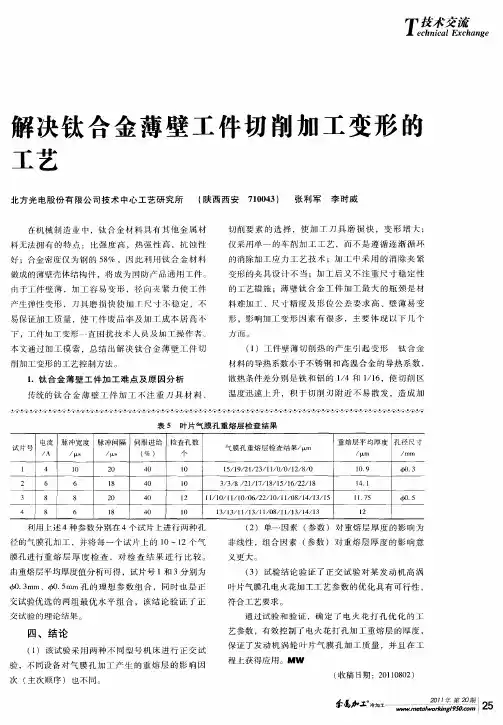 解决钛合金薄壁工件切削加工变形的工艺