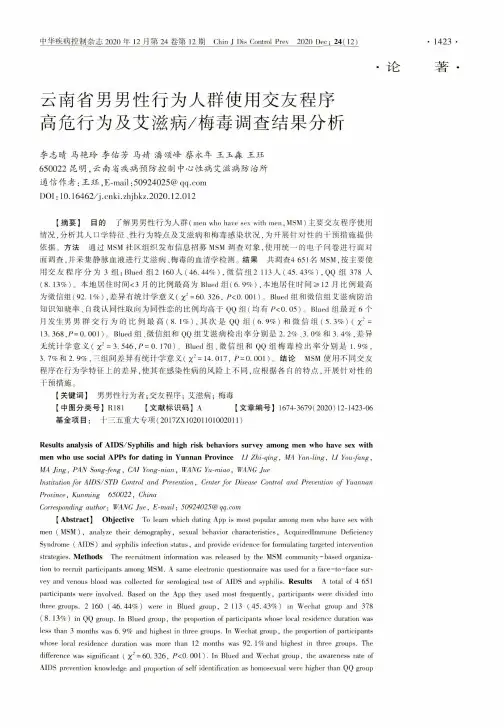 云南省男男性行为人群使用交友程序高危行为及艾滋病梅毒调查结果分析