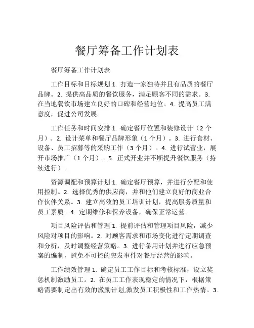 餐厅筹备工作计划表